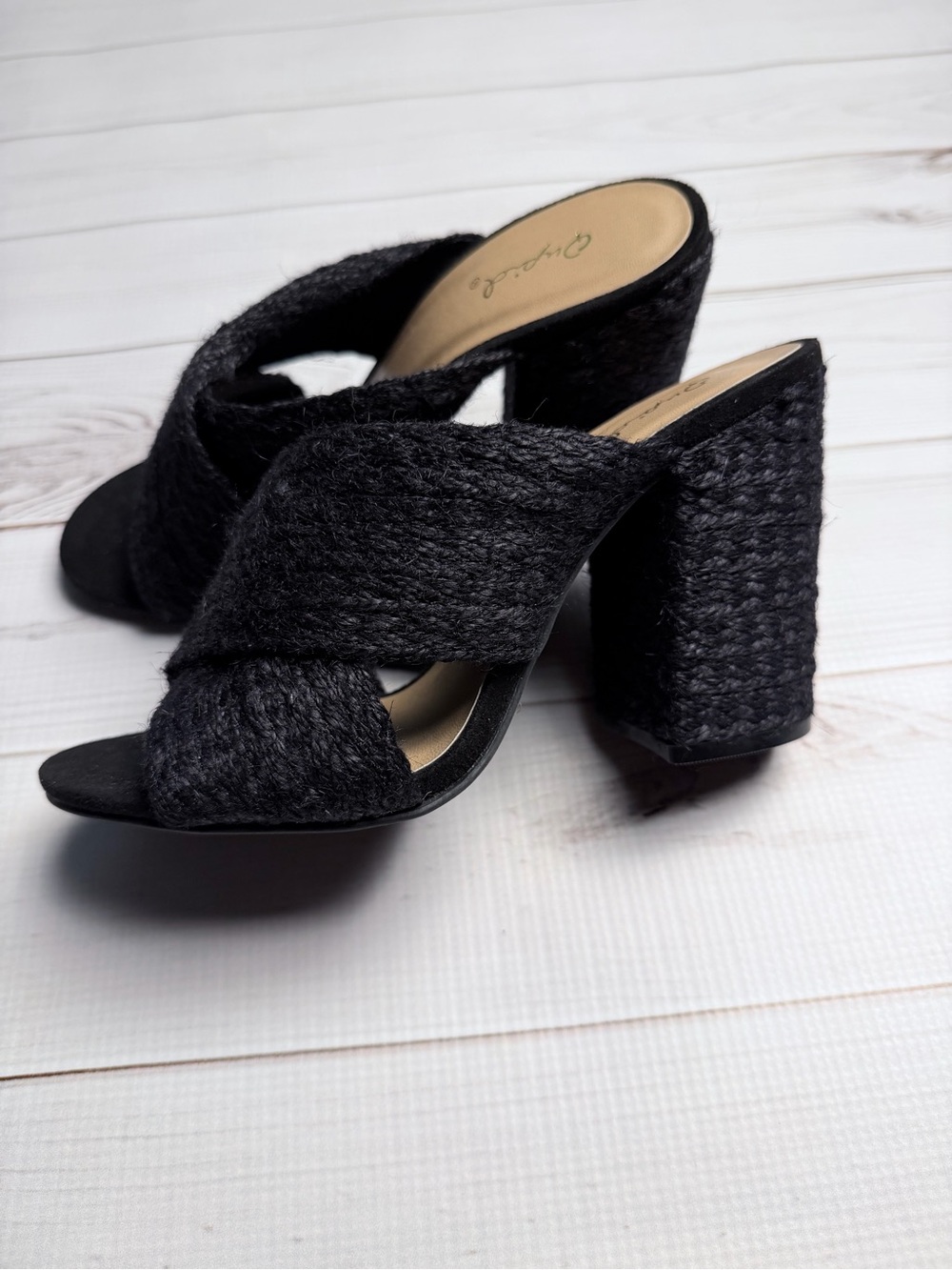 Qupid Black Woven Crisscross Block Heel Mules